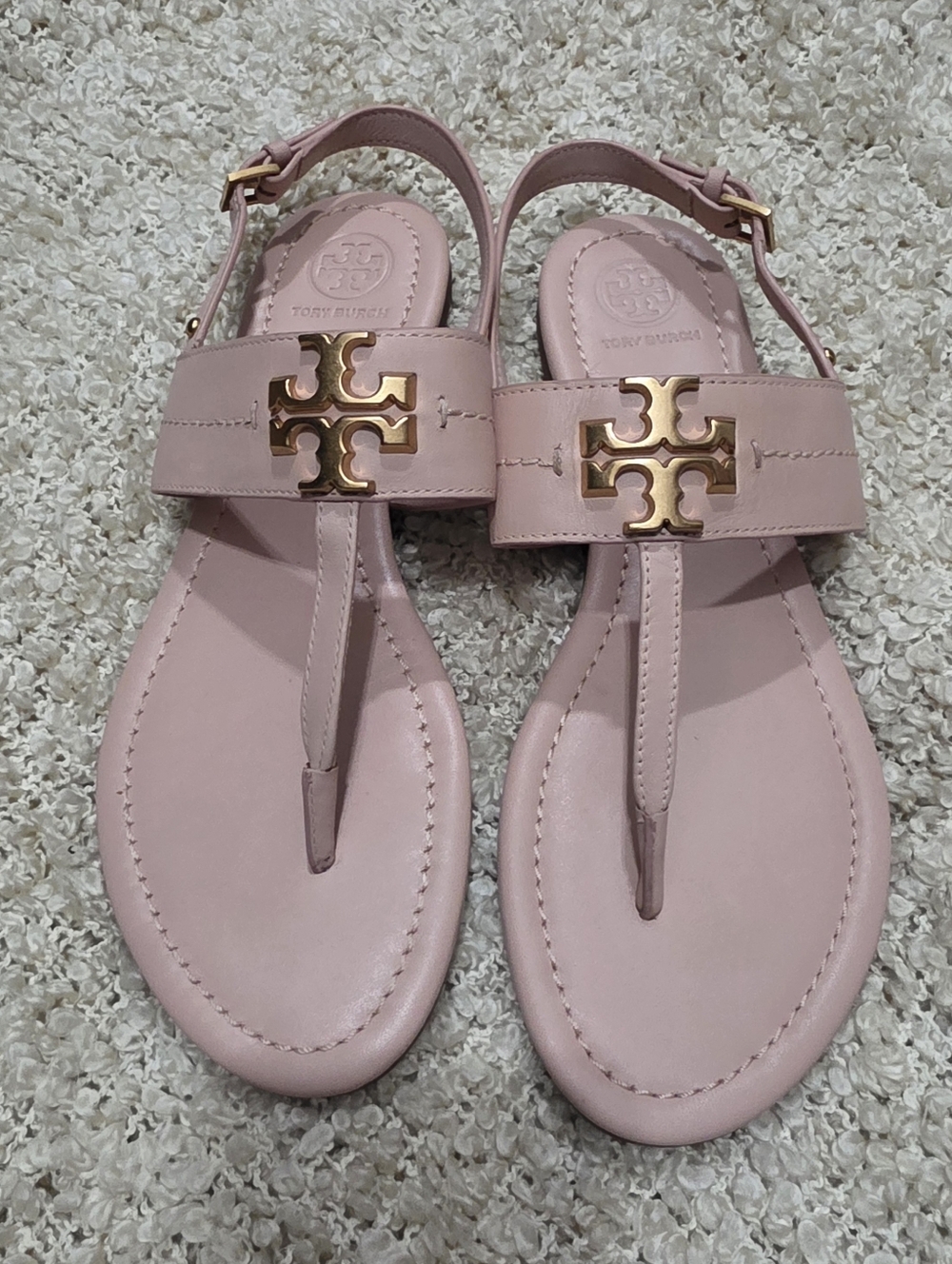 Tory Burch Blush Pink Everly Leather Logo Thong Sandals
